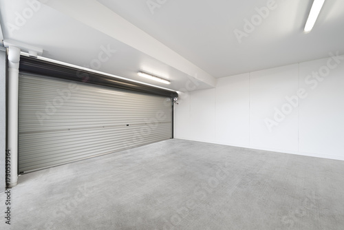 Empty Modern Indoor Garage or Warehouse with Roller Shutter Door