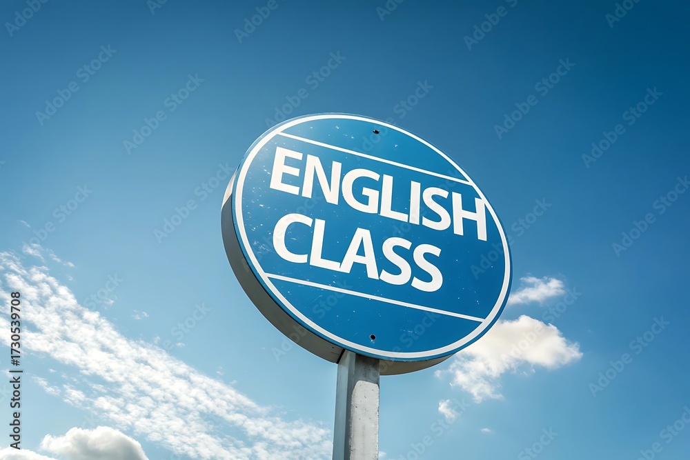 Obraz premium Bright blue circular sign with white text 'english class' illuminates sky blue background symbolizing education and learning opportunities
