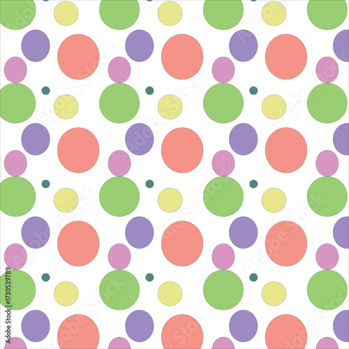 Colorful circles arranged in a repeating pattern on a white background with smaller circles placed on top