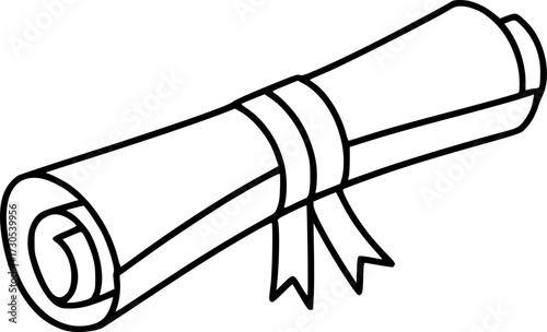 a diploma scroll tied with a ribbon, black and white illustration, minimalist design, simple vector graphics