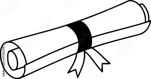 a diploma scroll tied with a ribbon, black and white illustration, minimalist design, simple vector graphics