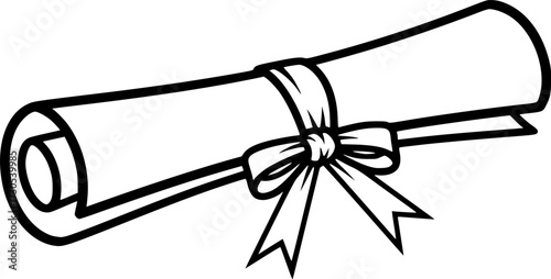 a diploma scroll tied with a ribbon, black and white illustration, minimalist design, simple vector graphics