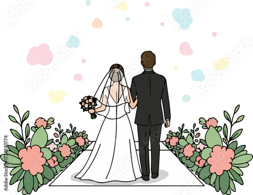 Bride and groom walking on white background