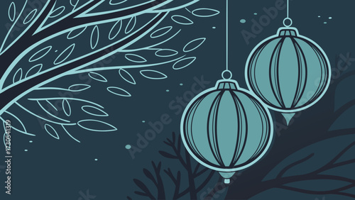 Mysterious night scene with hanging lanterns and stylized tree branches