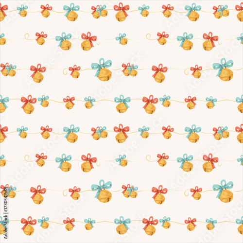 Seamless jingle bell garland with bows — festive watercolor vector pattern