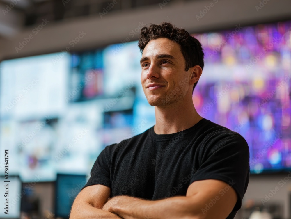 Fototapeta premium A confident young man stands in front of large screens displaying colorful data, suggesting a tech-focused environment.