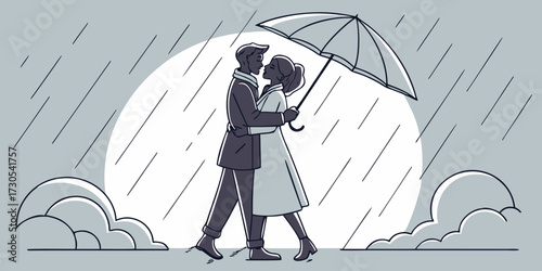 Couple embracing under umbrella in the rain