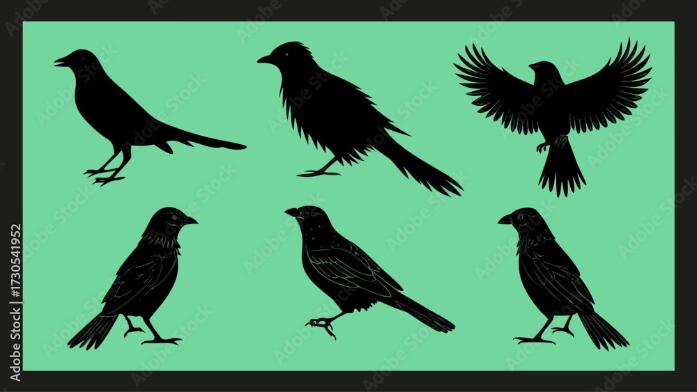 Obraz premium Elegant silhouettes of black birds in various poses, a collection of avian artistry perfect for nature lovers and creative projects needing a touch of wildlife
