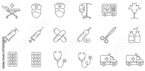 A flat lay of various medical icons and symbols on a clean white background with a minimalist and informative composition.