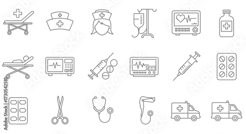 A collection of various medical icons and symbols in a line drawing style on a white background.