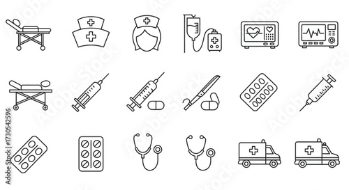 A collection of 20 line icons depicting various medical symbols and objects on a white background with a minimalist style.