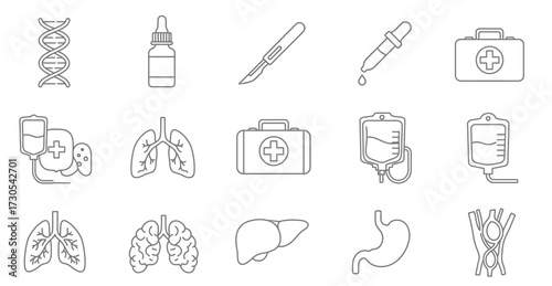 Line icons depicting various medical and health-related symbols on a white background with a clean and minimalist style.