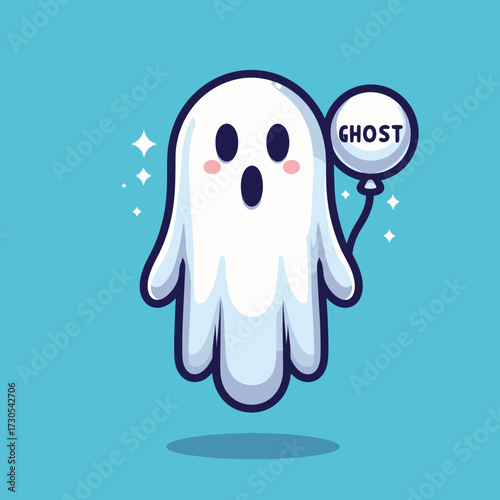 Cute cartoon ghost holding a "ghost" balloon against a bright blue background