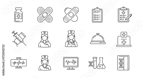 Black and white line drawing icons depicting various medical and healthcare related objects and professionals on a white background.