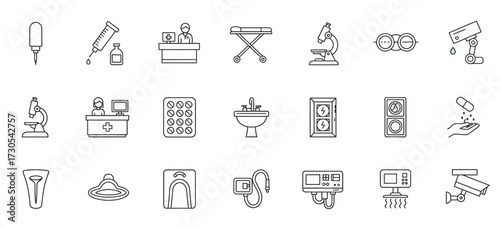 A collection of 20 minimalist line icons depicting various industrial, technical, and scientific tools and equipment on a clean white background.