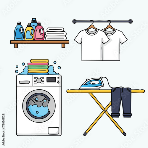 Laundry Room Scene with Washing Machine and Ironing Board.