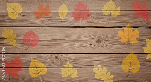 Wooden background ackground with maple and other autumn leaves 