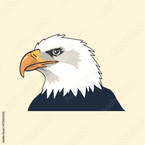Detailed illustration of a majestic bald eagle's head with a sharp beak and intense gaze, depicted in profile.