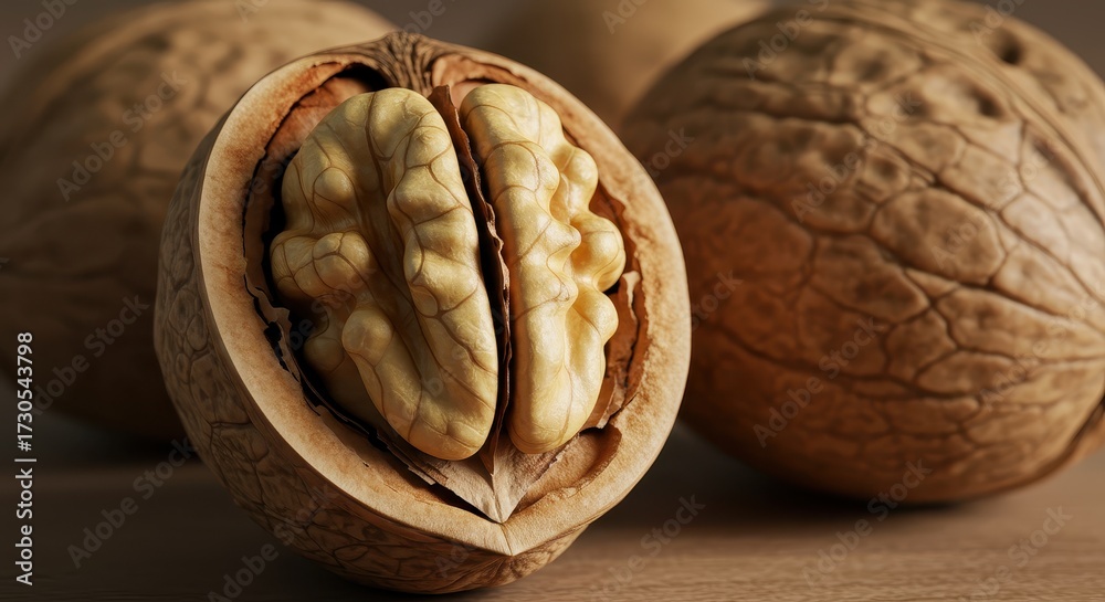 Fototapeta premium Close up of a single walnut cracked open revealing its healthy kernel