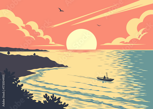 Serene sunset over the ocean with a lone boat