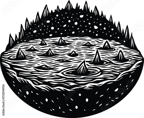 Black and white cartoon illustration of a winter sea landscape with a black and white boat and fish