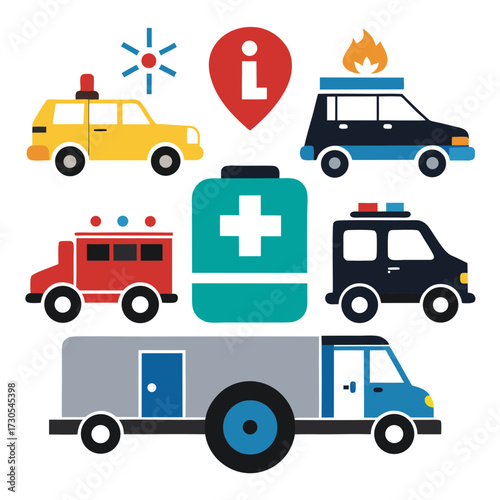 Emergency services vehicles and medical aid icons emergency, service, vehicle, medical, aid, ambulance, police, fire, truck, car, first aid, help