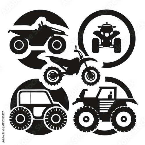 Collage of off road vehicle silhouettes including atv dirt bike and jeep atv, quad bike, dirt bike, motorcycle, off road, vehicle, transportation, adventure, extreme sports, recreation, silhouette