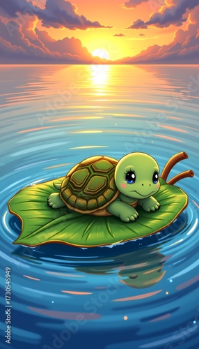 Cute Cartoon Turtle Leaf Raft Sunset