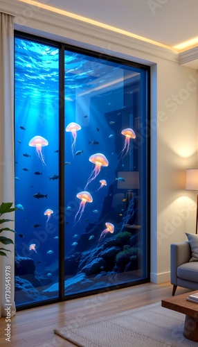 Living Room Window View Underwater Scene with Jellyfish and Fish
