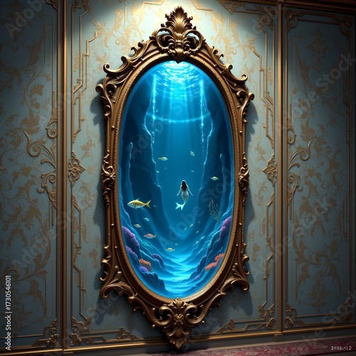 Ornate Mirror Reflecting Underwater Fantasy Palace