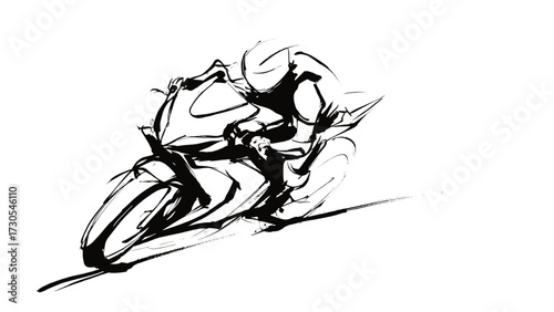 Motorcycle rider leaning into a turn in dynamic sketch style  on a transparent background.