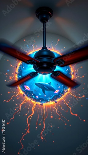 Surreal Ceiling Fan with Undersea Portal and Marine Life