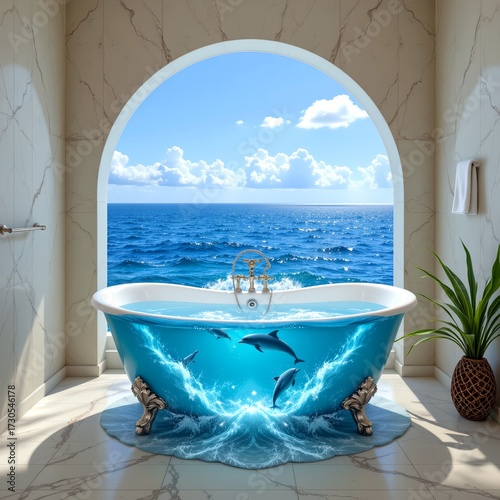 Overflowing Bathtub Revealing Ocean with Dolphins Fantasy Atmosphere