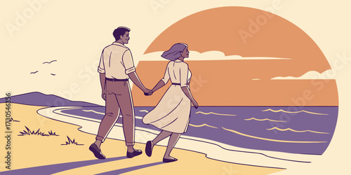 Couple walking on beach during sunset time