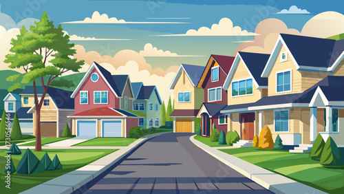 Suburban street lined with colorful houses and green lawns