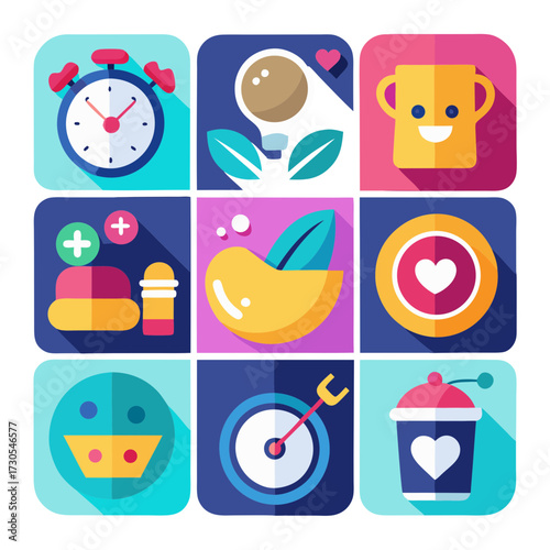 Collection of nine colorful flat design icons representing health and wellness concepts icon, flat design, health, wellness, concept, set, collection, illustration, graphic, design, alarm clock