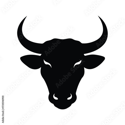 Black silhouette of a bull's head with large horns and piercing gaze, bull head close up silhouette vector illustration