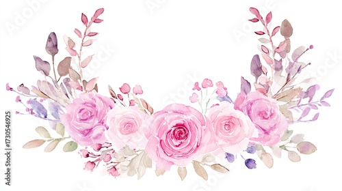 Delicate watercolor floral wreath featuring pink roses, softly illuminated with elegant composition.