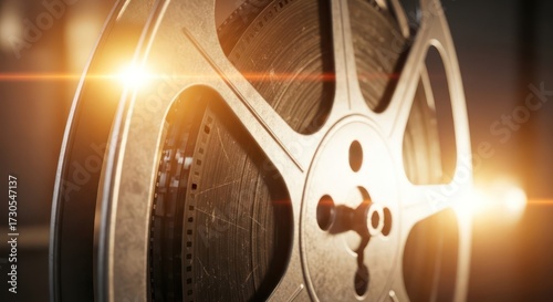 Illuminated cinematic reel revealing celluloid history and evoking nostalgia for classic films