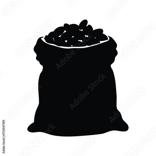 Silhouette of a full sack containing goods or items, isolated on white, coffee beans in bag silhouette vector illustration