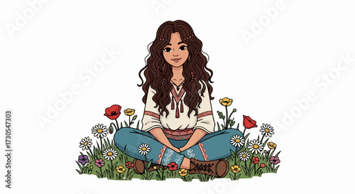 Girl sitting in flower field on white background