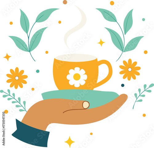 Cozy cup of tea held in hands with floral elements and steam
