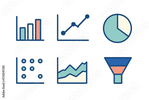 Comprehensive collection of data visualization charts and analysis icons for business, finance, and marketing presentations