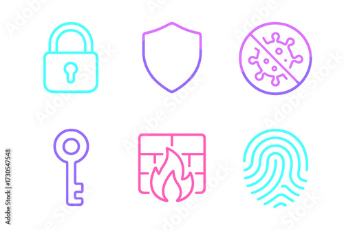 Digital security, data protection, and access control symbols with padlock, key, shield, firewall, antivirus, and fingerprint