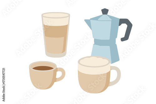 Assortment of coffee drinks and brewing tools including latte, espresso, frothy mug, and moka pot on a white background