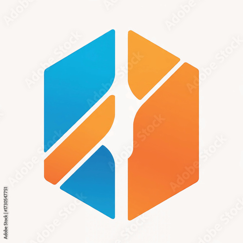 A vibrant abstract geometric design featuring intertwined blue and orange elements within a hexagon, symbolizing innovation, connection, and dynamic growth for digital branding