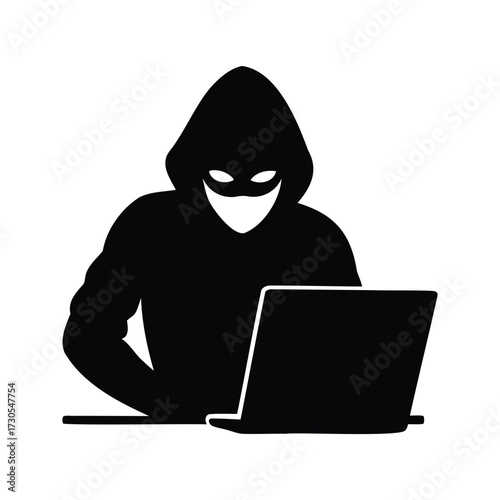 Cybersecurity threat shown by anonymous hacker wearing hoodie using a laptop, hacker breaking password silhouette vector illustration