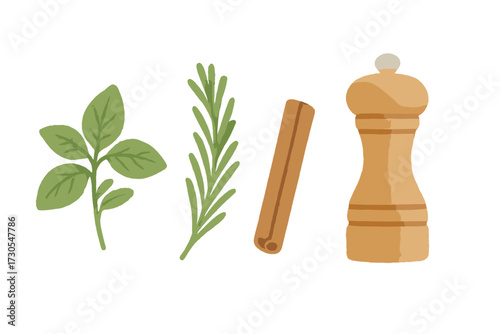 Fresh basil and rosemary sprigs with aromatic cinnamon stick and classic wooden pepper grinder for culinary ingredients