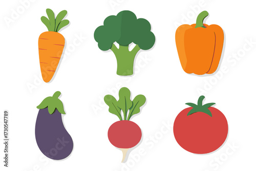 Assortment of vibrant fresh vegetables including carrot, broccoli, bell pepper, eggplant, radish, and tomato in a clean, modern style