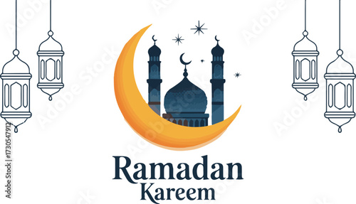Vector art of ramadan kareem illustration with crescent moon and mosque